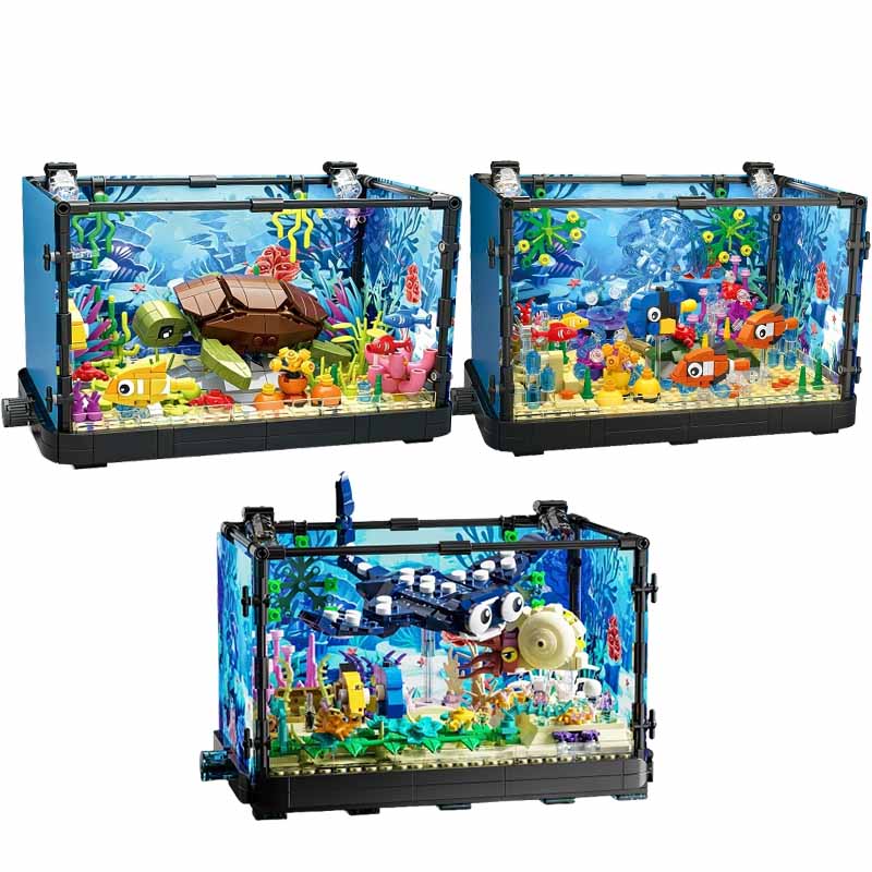 Aquarium Fish Light - ชุดบล็อกตัวต่อตู้ปลาพร้อมไฟ，ตู้ปลา，เต่าทะเล，ของเล่นตัวต่อสำหรับเด็กอายุ 14 ปีขึ้นไป，ของขวัญ，ของตกแต่งบ้าน