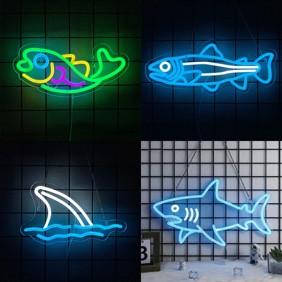 Aquarium Fish Restaurant - ป้ายไฟนีออนรูปปลาสำหรับตกแต่งร้านขายอุปกรณ์ตกปลา ห้องนอน ห้องชาย บาร์ คลับ ตู้ปลา